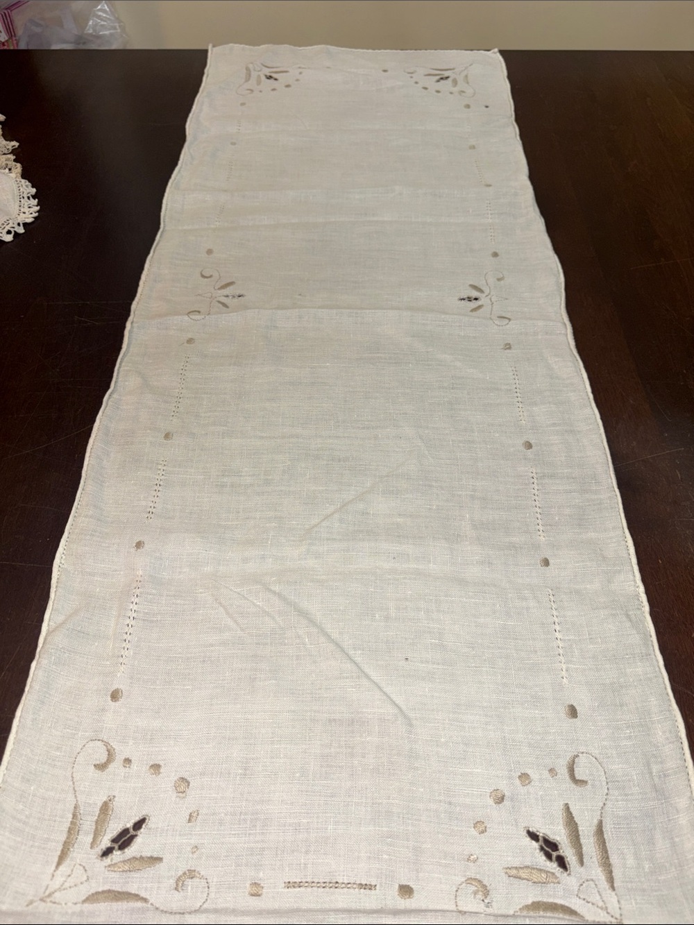 Classic White Embroidered Linen Table Runner